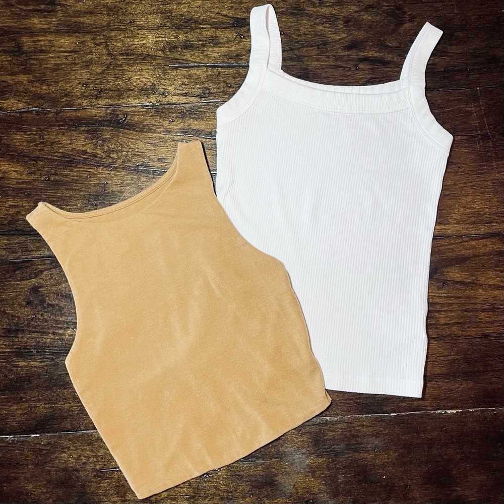 BUNDLE Aeropostale Tan Cropped Tank & American Eagle White‎ Ribbed Tank Women XS